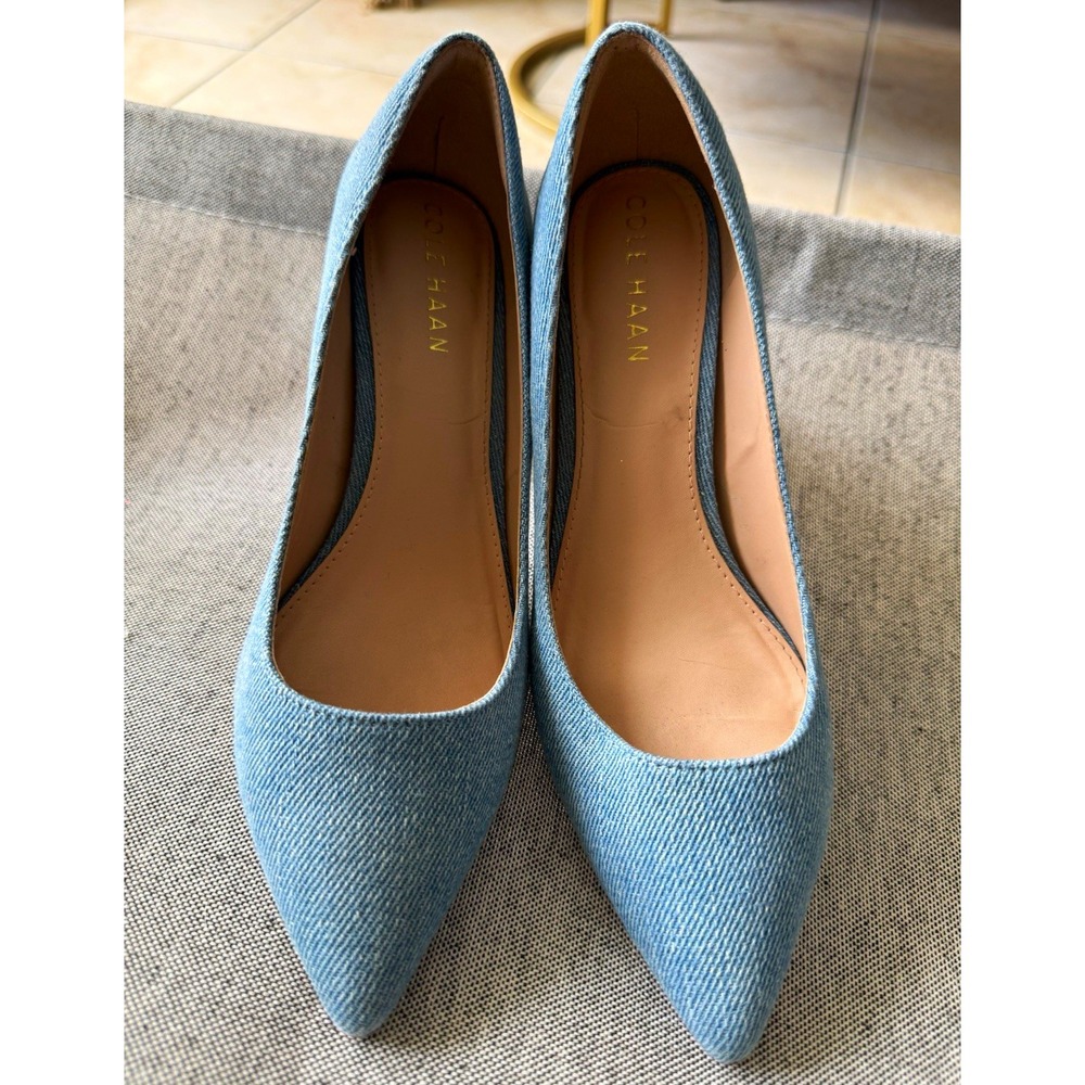 Cole Haan Women's Blue Denim Pointed Toe Block Heel Slip-On Pumps